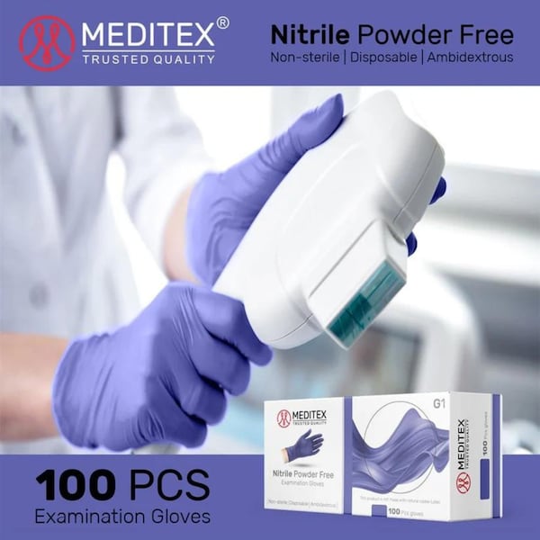 Meditex G1 (Case), Nitrile Exam Gloves, 4 Mil Palm, Nitrile, Powder-Free, L, 1 PK, Violet Blue